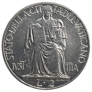 2 лиры 1942 год.Папа Пий XII.Юстиция.Ватикан.