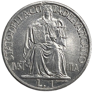 1 лира 1942 год.Папа Пий XII.Юстиция.Ватикан.