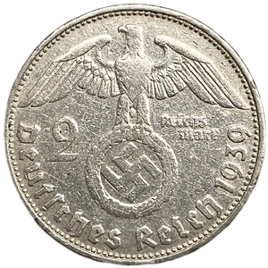 2 рейхсмарки 1939 год G.Пауль фон Гинденбург.Германия.3-ий Рейх.Серебро.  