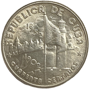 40 сентаво 1952 год.50 лет республике.Куба.Серебро. 