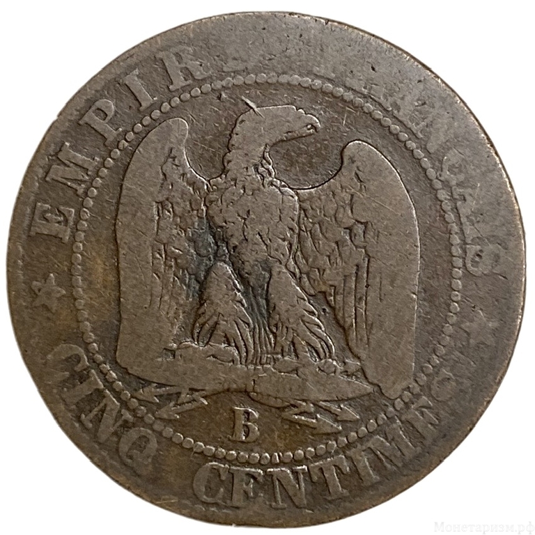 5 сантимов 1854 год (B).Наполеон III.Непокрытая голова.Франция.Бронза.
