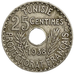25 сантимов 1938 год.Французский протекторат.Тунис. 