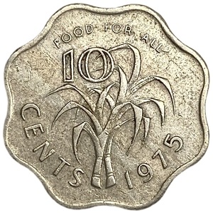 10 центов 1975 год.Сахарный тростник.Король Собхуза II.Свазиленд.Эсватини.