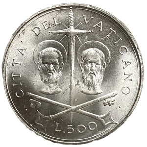 500 лир 1967 года.Папа Иоанн Павел VI.Святые Пётр и Павел.Ватикан.Серебро.