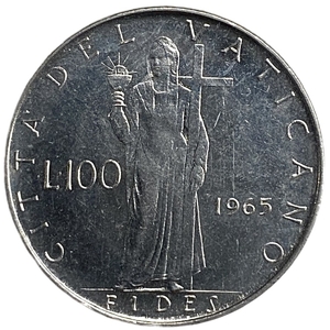 100 лир 1965 год.Папа Павел VI.Аллегория веры.Ватикан.