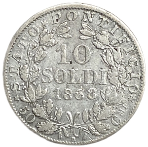 10 сольди 1868 год.Папа Пий IX.Ватикан.Серебро.