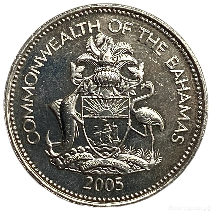 25 центов 2005 год.Парусник.Елизавета II.Багамские Острова. 